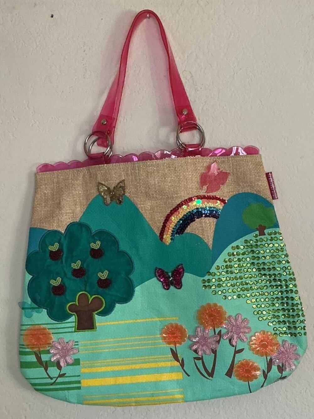 Transversion Vintage 1990s Sequin Rainbow and 3d Butterfly Large Straw Bag